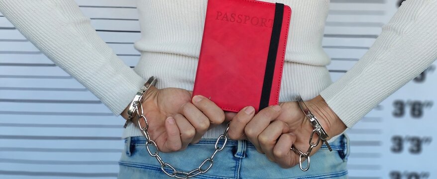 A handcuffed man holds a red passport behind his back against a police height chart. Police have arrested a suspect