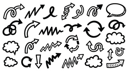 Fototapeta premium Hand drawn arrow vector illustration set featuring various doodle shapes speech bubbles and sketch style directional pointers for web design and creative graphic projects element