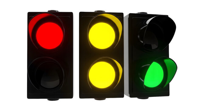 Lampu lalu lintas menyala merah kuning hijau berjejer pada latar belakang transparan untuk konsep keselamatan berkendara dan peraturan jalan raya.