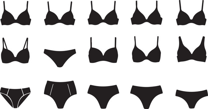 Black bra and bikini bottom flat illustrations isolated on transparent background, Vector