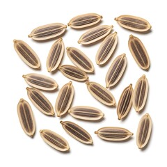 Obraz premium Close-up top-down view of dried dill seeds scattered on a clean white background