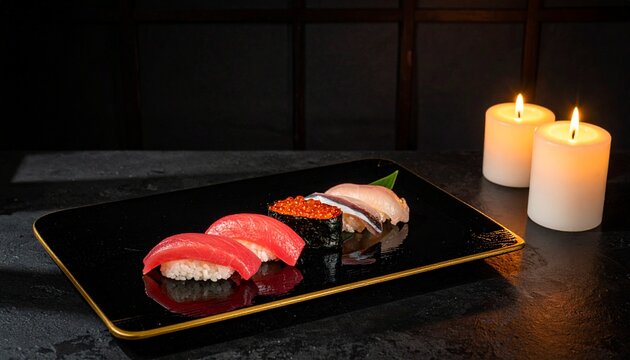 握り寿司・和ろうそく・漆塗り・高級和食・黒漆器・料亭・幻想的・日本の美／Nigiri sushi with Japanese washi candle and lacquer ware, luxury Japanese fine dining, elegant traditional tableware, premium washoku restaurant atmosphere