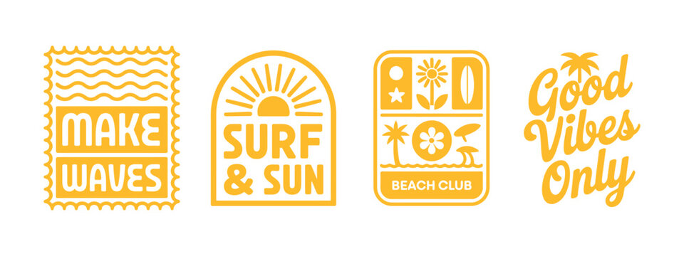 Tropical sun and surf themed vector set with motivational beach quotes and illustrations, ideal for t shirts, posters and summer design projects.
