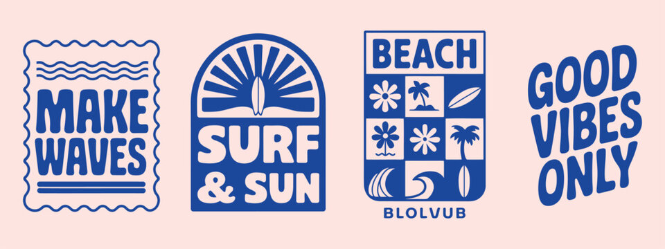Tropical sun and surf themed vector set with motivational beach quotes and illustrations, ideal for t shirts, posters and summer design projects.