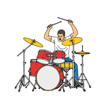 Man playing red drum set with yellow cymbals energetically