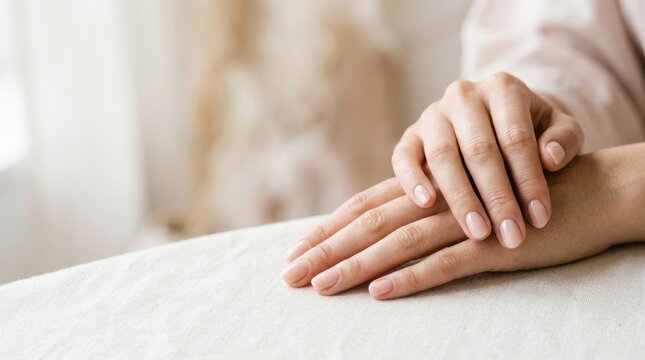 Elegant hands with natural manicure resting on a textured surface