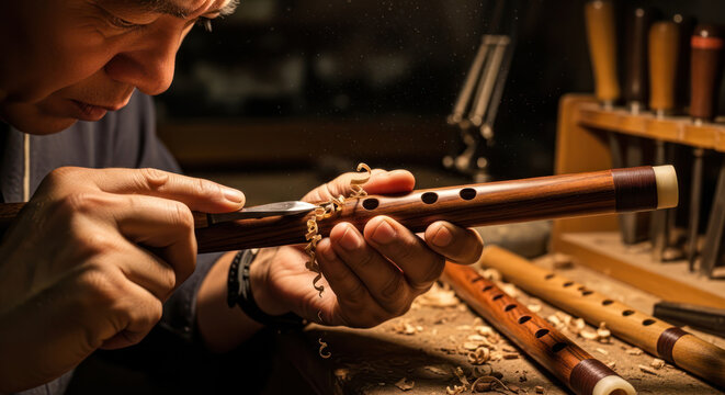 Craftsman meticulously carving a wooden flute with precision and care.