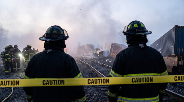 Firefighters standing amidst caution tape observing a train derailment with smoke billowing from an explosion in the early morning light