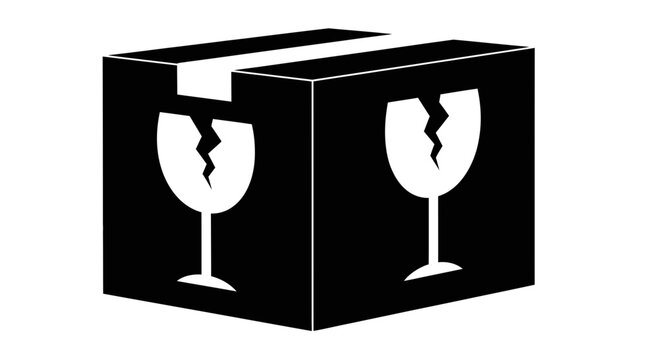 A black and white vector graphic illustration of a fragile box with broken glass symbols