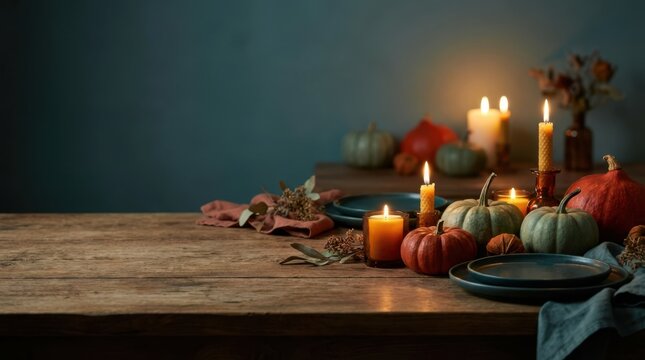 Cozy autumn table setting with pumpkins and glowing candles for a festive gathering