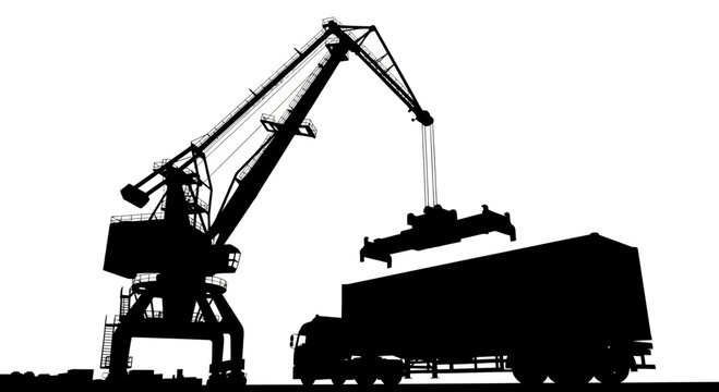 A black silhouette of a crane loading a shipping container onto a truck