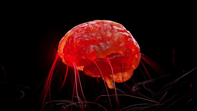 Brain damage. Scattered red lines repair or stimulate the brain. Can be used in medical elements. Animation, 3D Render.
