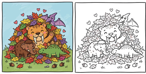 Cute Prehistoric Animals Autumn Coloring Page © Sumon555