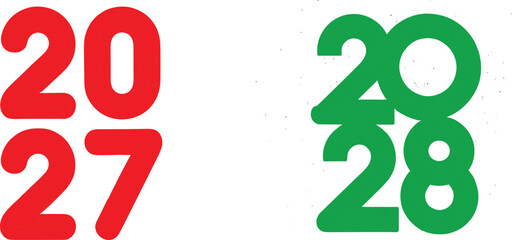 Happy New Year 2027 and 2028 bold red and green numbers set with festive textured typography for holiday greetings seasonal calendars and winter celebration designs. © Md