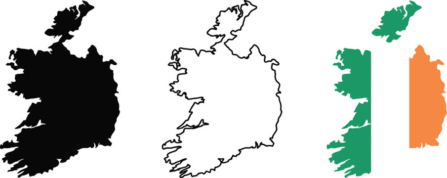 Ireland map flag. Map of the island with silhouette, administrative borders, and Irish flag vector graphic. Political division with Northern Ireland indicator. European geography symbol.