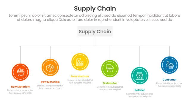Supply chain management process infographic with circle on organizational structure with 6 step points for slide presentation