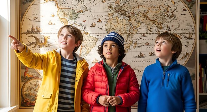 Three young boys in colorful jackets looking at a large world map on the wall with curiosity and excitement on their faces