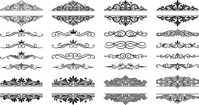 Vintage black ornamental text dividers, floral decorative borders, classic royal header frames, elegant flourish calligraphy lines, vector graphic illustration elements