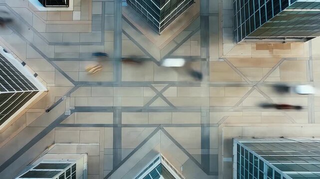 Top view of busy people walking on city crosswalk with long shadows, fast motion of commuters crossing street near modern office buildings, urban rush hour traffic, concept of daily metropolitan life
