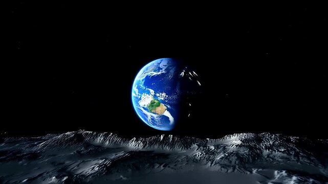 Planet Earth rising above moon horizon in dark deep space with stars. Global world view from lunar surface shows continents and blue oceans in universe. Space exploration and cosmos discovery