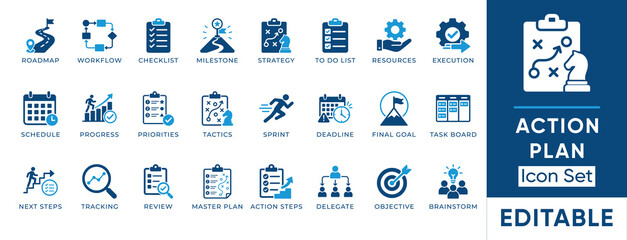 Action plan and business strategy solid icon set. Includes symbols for Workflow, Milestone, Execution, and Delegate. Solid vector icons for project management and corporate sprint. © MS -Studio