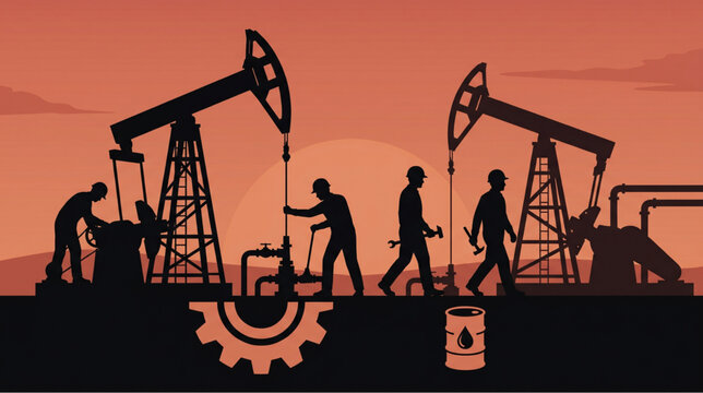 Oil industry workers silhouette working on pump jacks at sunset.
