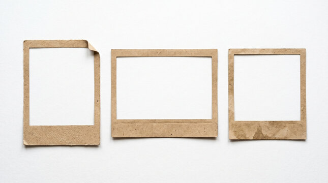 Vintage instant photo frame set, distressed brown paper polaroid border collection, antique cardboard picture frame mockup, retro photography layout template, old blank paper borders on white