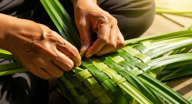 Hands weaving green pandan leaves into a traditional craft.