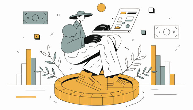 Creative Business Strategy Illustration in Flat Vector Style with Character Sitting on Large Coin.eps
