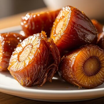 Caramelized Chonta Palm Fruit Close-Up on White Ceramic Plate