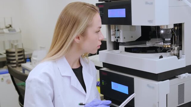 Scientist evaluating analytical results using precise measurement equipment in biochemical laboratory