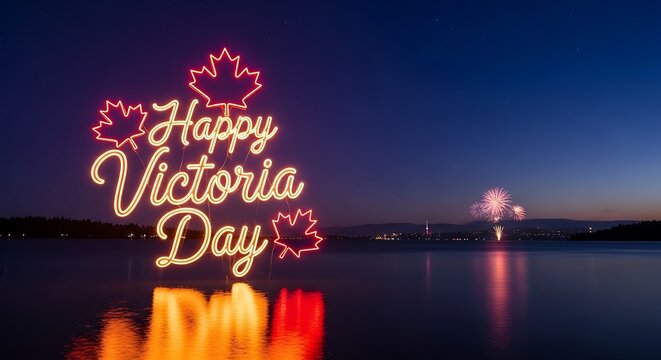 Happy victoria day neon sign over a lake with fireworks