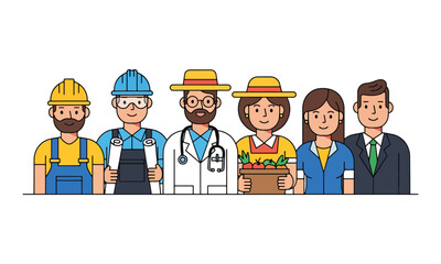 Fototapeta premium A diverse group of professionals stands together representing various essential occupations and community roles