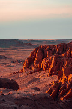View Over Flaming Cliffs in Gobi Desert, Mongolia at Sunset Hour