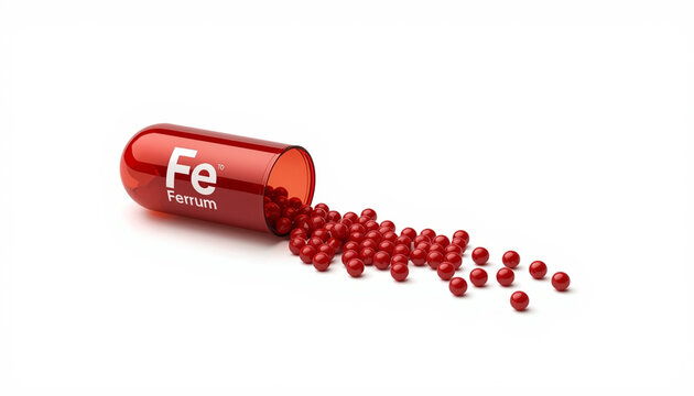 Red iron supplement capsule with ferrous pellets pharmaceutical nutrition concept