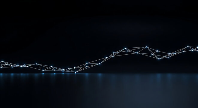 Abstract visualization of a connected digital network forming a dynamic data wave with glowing nodes
