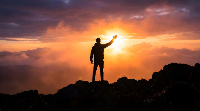 A lone figure embraces the radiant sunrise atop a majestic mountain peak, symbolizing personal triumph, spiritual freedom, and the endless pursuit of ambitious goals
