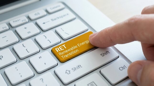 renewable energy transition ret climate change sustainable green energy laptop keyboard with finger pressing an orange button to signify clean technology and eco-friendly future