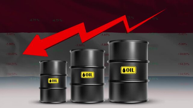 Oil Barrels with Declining Graph: The image features three oil barrels with a declining red graph in the background, this symbolizes decrease in the oil product
