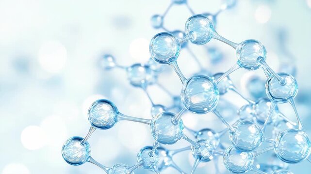 Abstract molecular structure with shimmering blue spheres and bokeh background