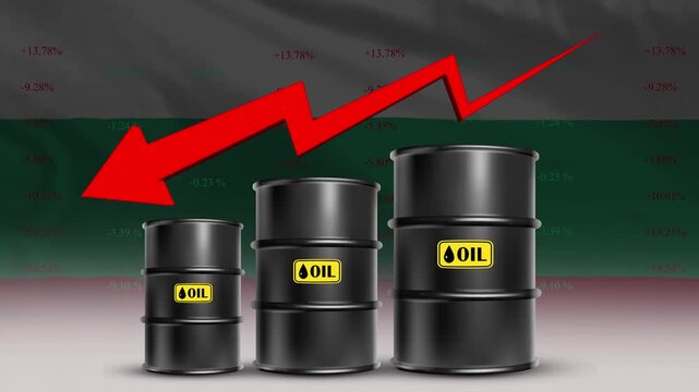 Bulgaria Flag with Oil Barrels and Red downward Arrow Rising Crude Prices Economic Growth