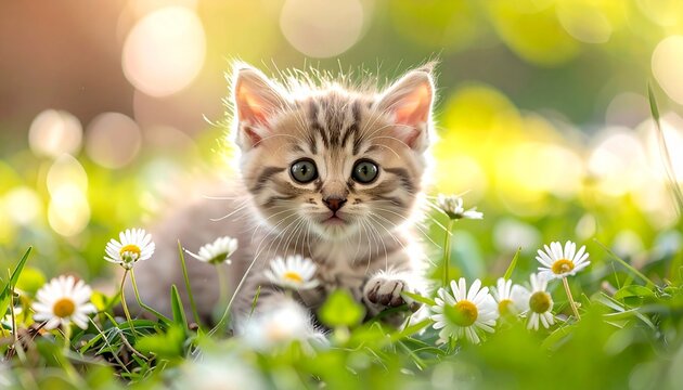 子猫・花・春・桜・花畑・癒し・ふわふわ・室内・屋外・日本の春／Kitten with spring flowers, cute fluffy cat among cherry blossoms, adorable baby cat in flower field, soft pastel spring Japan, cozy healing pet photo