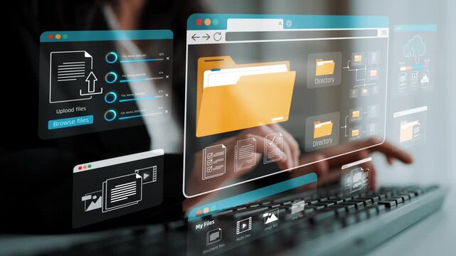 Hands typing on a keyboard with digital interface showcasing file management, cloud storage, and virtual folders in a modern workspace environment Sigmoid