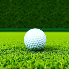 Obraz premium White golf ball with black dot on lush green field, bordered by green wall, simulator in background, accuracy, precision