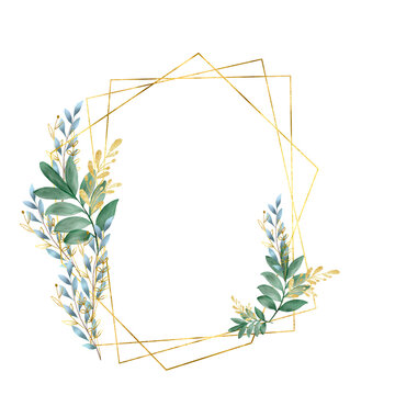 Metallic Gold Geometric Frame with Blue and Green Botanical Accents on Transparent Background. Delicate polygonal wireframe adorned with graceful sprigs