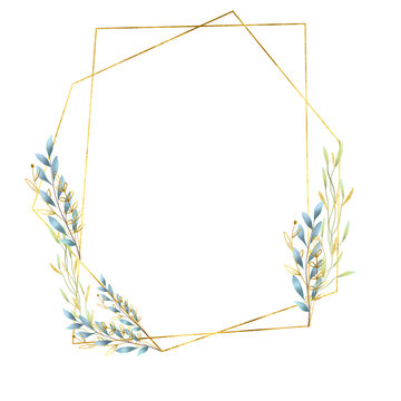 Metallic Gold Geometric Frame with Blue and Green Botanical Accents on Transparent Background. metallic gold geometric frame featuring elegant botanical accents in a harmonious blend of sage green