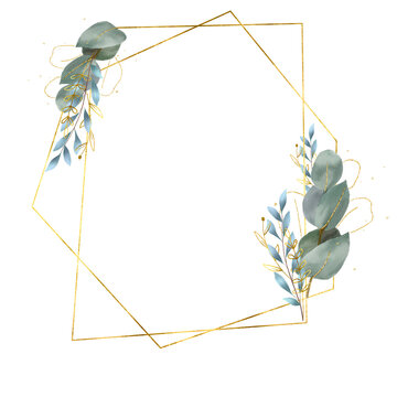 Metallic Gold Geometric Frame with Blue and Green Botanical Accents on Transparent Background. Delicate polygonal wireframe adorned with graceful sprigs