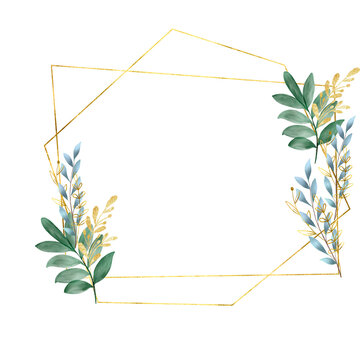 Metallic Gold Geometric Frame with Blue and Green Botanical Accents on Transparent Background. metallic gold geometric frame featuring elegant botanical accents in a harmonious blend of sage green