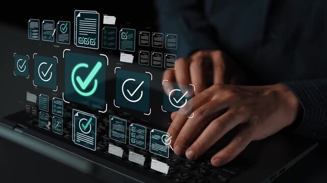 Hands Typing on Laptop with Overlay of Digital Check Marks and Document Icons Representing Approval and Organization in Modern Workspace Environment Sigmoid