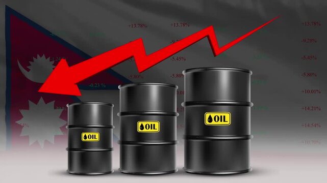 Nepal Flag with Oil Barrels and Red Downward Arrow Falling Crude Prices Economic Decline